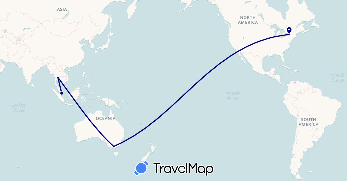 TravelMap itinerary: driving in Australia, Singapore, Thailand, United States (Asia, North America, Oceania)